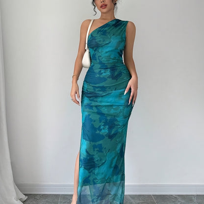 Elegant One-Shoulder Floral Print Sleeveless Maxi Dress with Side Slit - Teal Blue, Ruched Detail, High Stretch Polyester for Summer Formality, Floral Print Dress
