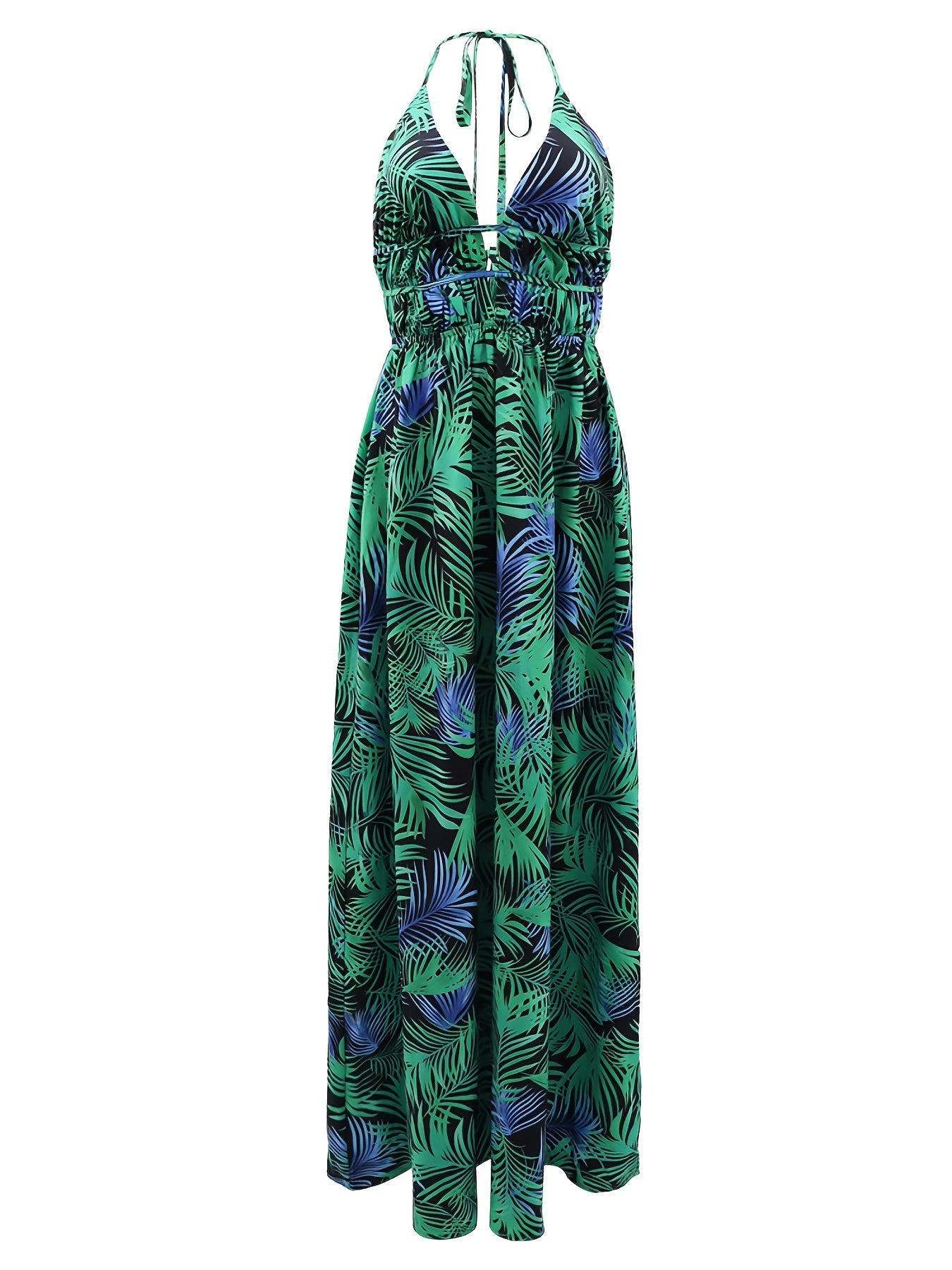Vibrant Tropical Print Halter Neck Maxi Dress - Flattering Sleeveless Design, Perfect Vacation Essential for Women