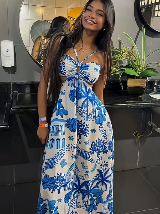 Chic Off-Shoulder Tropical Print Maxi Dress - Casual & Vibrant, Easy-Care Polyester, Non-Sheer Summer Style with Floral & Palm Design for Women