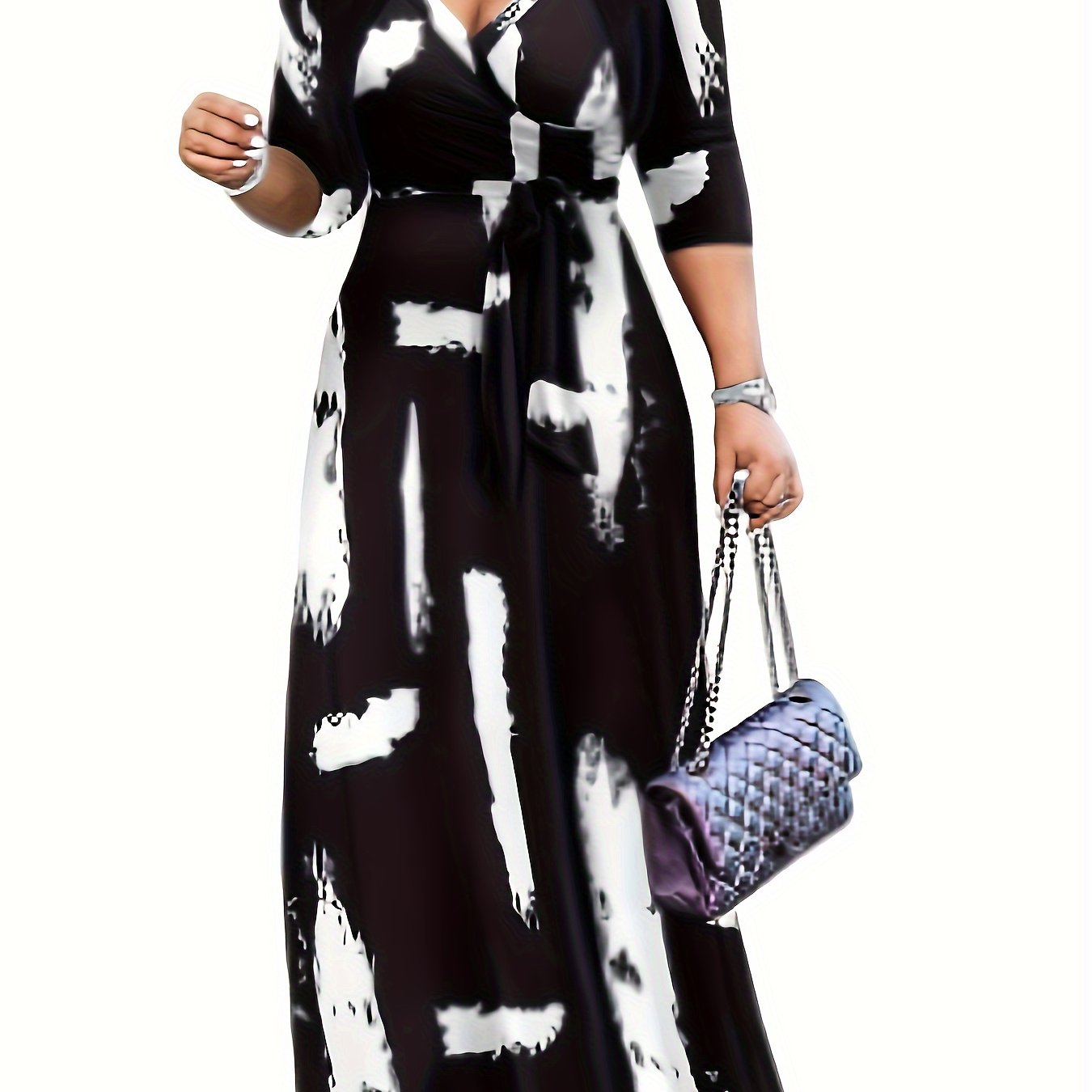 Elegant V-Neck Women's Maxi Dress with Belt - Mid-Sleeve, Printed Design, Machine Washable - Perfect for Spring & Summer