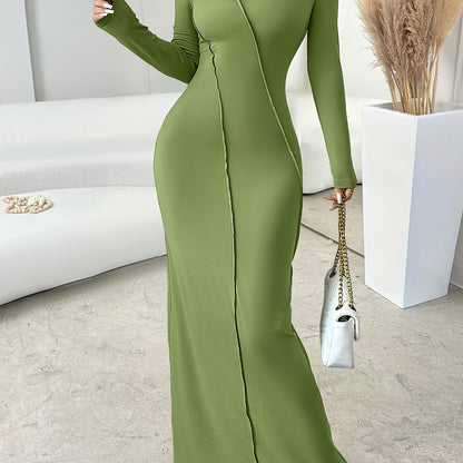 Elegant Green Long Sleeve Maxi Dress for Women - Slim Fit, Crew Neck with Zipper Detail, Stretch Polyester Fabric, Perfect for Fall, Machine Washable