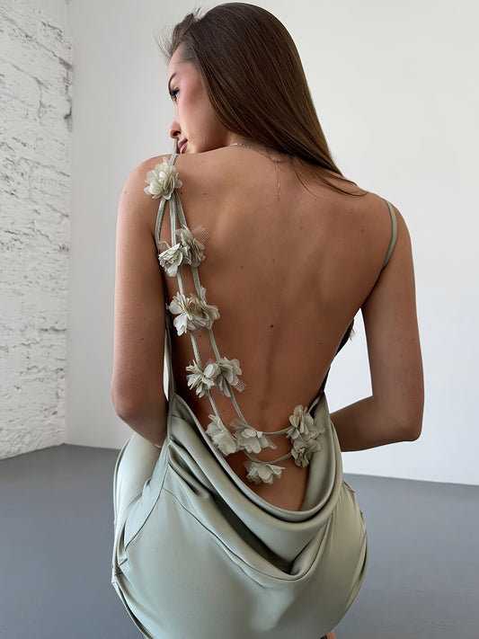 Elegant Backless Glossy Satin Maxi Dress with 3D Floral Detail - Draped Neck, Long Mermaid Hem, Sleeveless for Weddings, Parties & Dates, Light Green, A-Line Silhouette, Formal Evening Attire | Sleek Fitted Dress | Glossy Fab