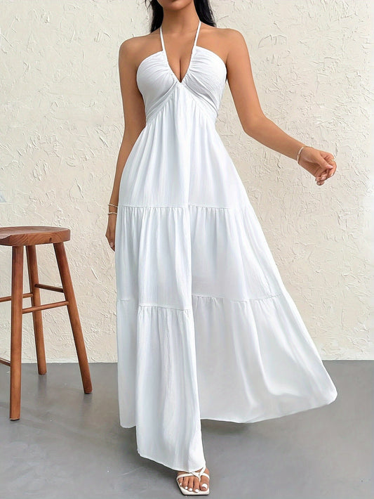 Elegant Ruffled Hem A-Line Maxi Dress - Women's Clothing - Halter Neck, Tie Back, Cut Out, Solid Color, Formal, Chic, and Sophisticated - Perfect for Wedding, Party, or Special Occasion