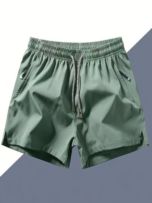 Men's Quick-Dry Athletic Shorts - Lightweight, Loose Fit with Zipper Pockets, Drawstring Waist, Solid Black Polyester Blend, Ideal for Beach & Casual Wear