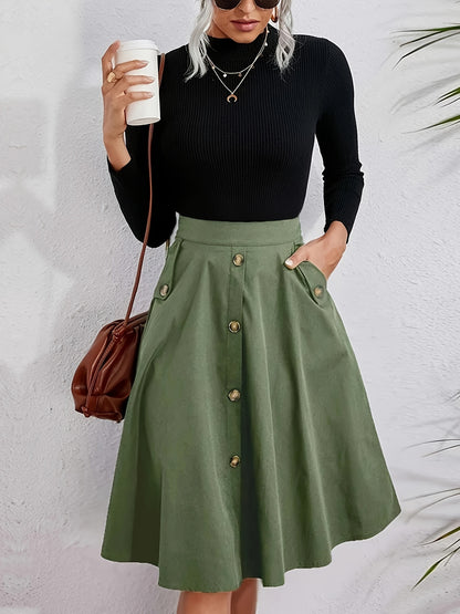 Elegant Solid Color Midi Skirt with Pockets - High Waist, Non-Stretch Polyester, Machine Washable - Perfect for All Seasons