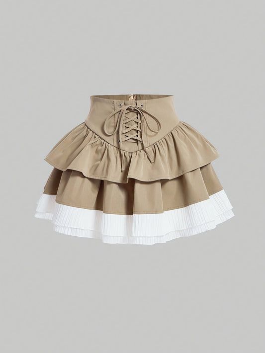 Women's Color Block Patchwork Skirt - Lace-Up Waist, Asymmetrical Hem, Multi-Layered, Fashion Layered Design