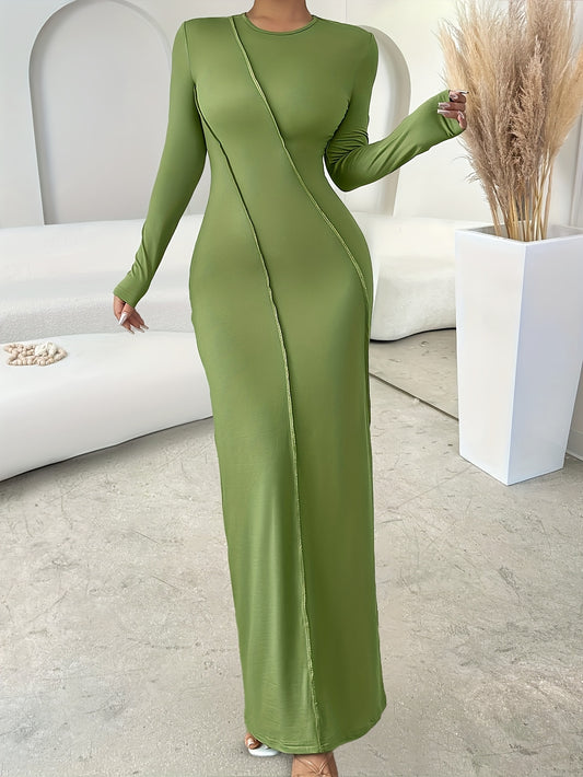 Elegant Green Long Sleeve Maxi Dress for Women - Slim Fit, Crew Neck with Zipper Detail, Stretch Polyester Fabric, Perfect for Fall, Machine Washable
