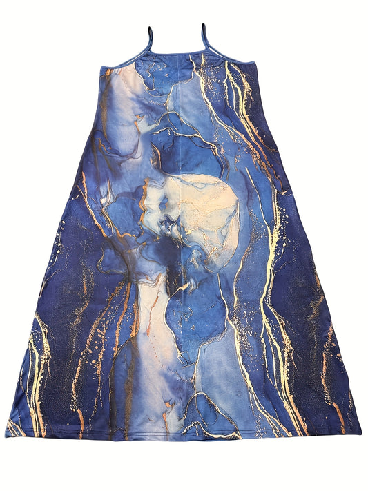 Women's Summer Maxi Dress - Gradient Geometric Print, Sleeveless V-Neck with Shoulder Cutouts, Casual Polyester Knit for Everyday & Holiday Wear