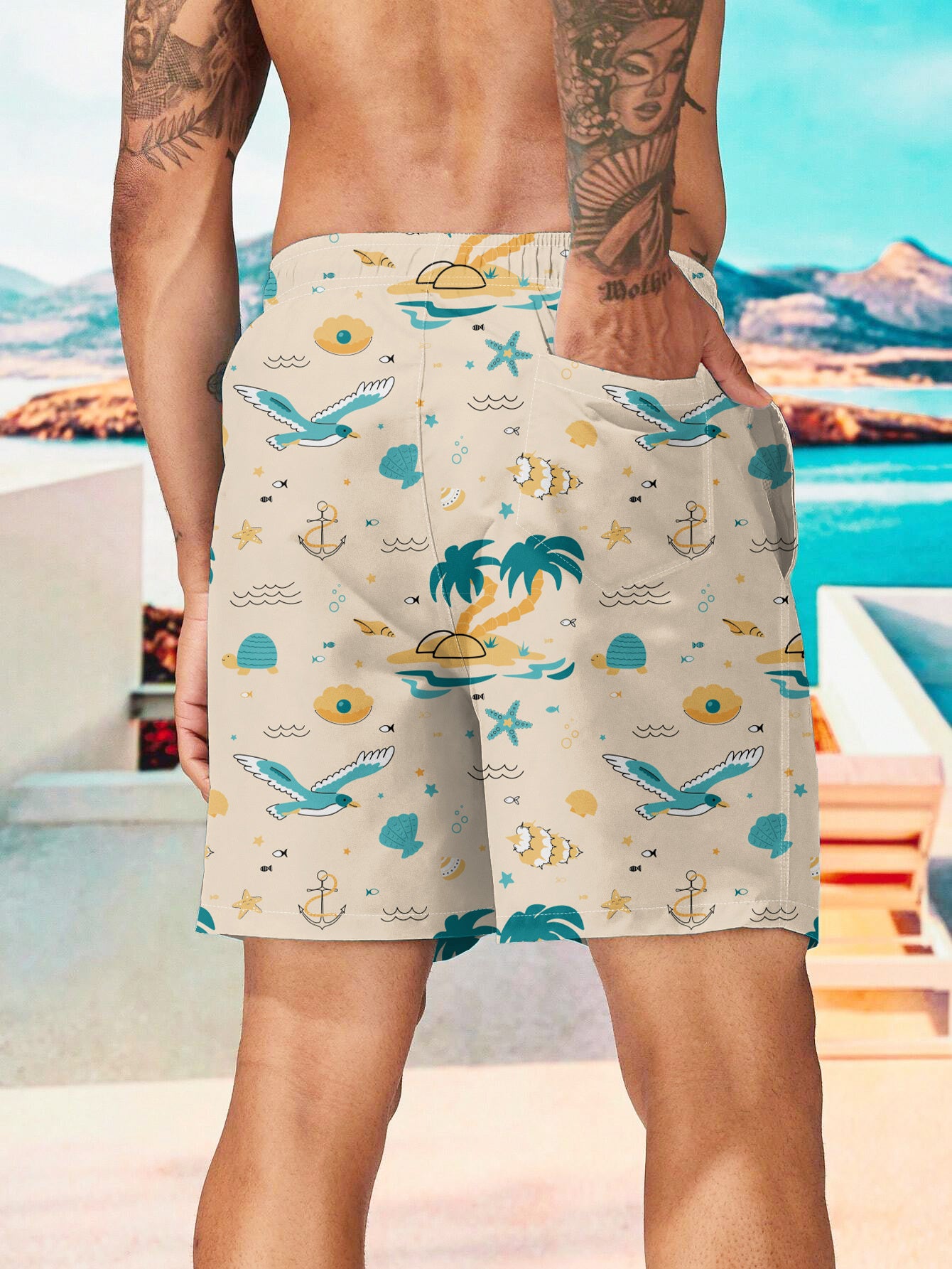 Men's Quick-Dry Swim Trunks with Pockets - Casual Beach Shorts, Lightweight Polyester, Tropical and Nautical Print, Drawstring Waist
