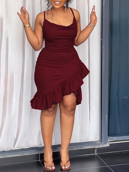Women'S Elegant Solid Color Spaghetti Strap Bodycon Dress with Ruffle Hem and Back Zipper - Perfect for Vacation and All Seasons, Adult Fashion, Vacation Attire | Ruffle Hem Dress | Back Zipper Dress