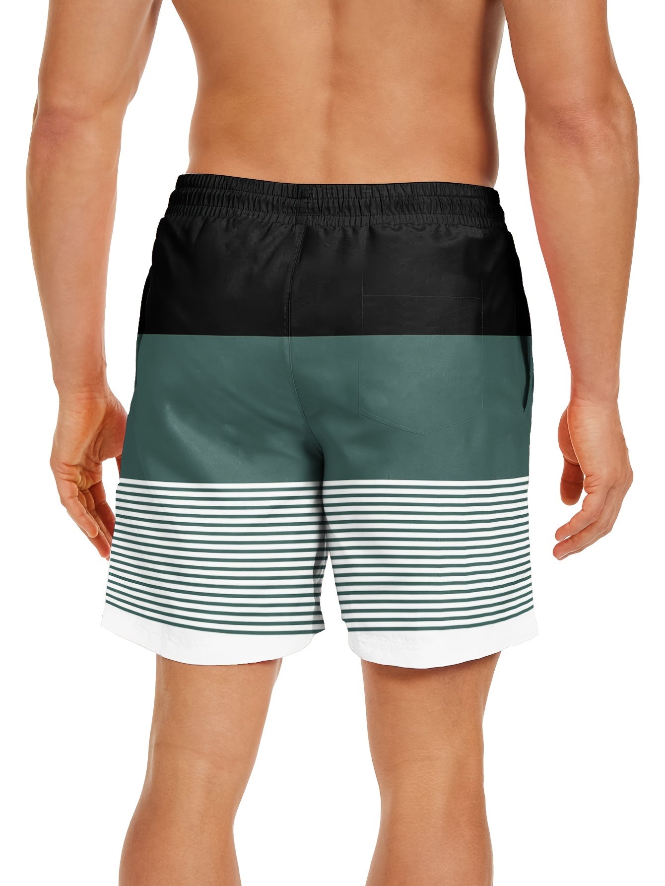 Men'S Fashion Drawstring Beach Shorts with Pockets - Casual Striped & Solid Color Block Design, Non-Stretch Fabric, Perfect for Pool Parties & Vacation
