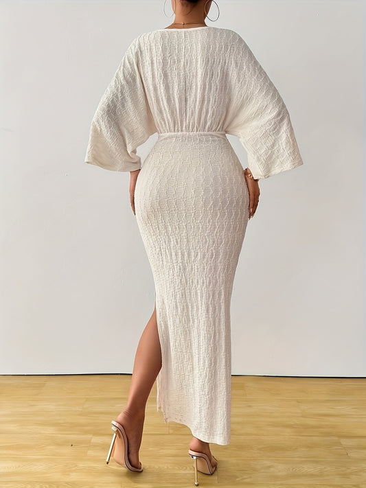 Elegant White V-Neck Long Sleeve Maxi Dress with Tie Front & Side Slit - Casual Women’s Dress for Spring/Summer/Fall, Machine Washable