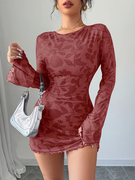 Women'S Leopard Print Long Sleeve Mini Dress - Sexy Backless Design, Flared Waist, Ruffle Hem, Casual Style, All-Season Wear, Adult Sizes, Casual Wear Dress | Ruffle Hem Dress | Tie Back Detail, Short Dres
