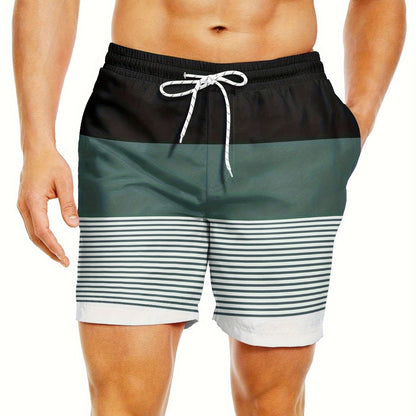 Men'S Fashion Drawstring Beach Shorts with Pockets - Casual Striped & Solid Color Block Design, Non-Stretch Fabric, Perfect for Pool Parties & Vacation