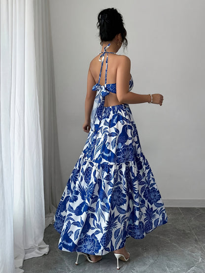Women's Floral Print Sleeveless Maxi Dress - Blue & White Tropical Design, V-Neck with Front Cutout, A-Line Silhouette, Perfect for Beach, Seaside, and Party Wear, Beach Fashion | Flowy Skirt, Beach Dress