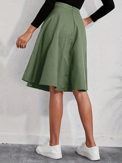 Elegant Solid Color Midi Skirt with Pockets - High Waist, Non-Stretch Polyester, Machine Washable - Perfect for All Seasons