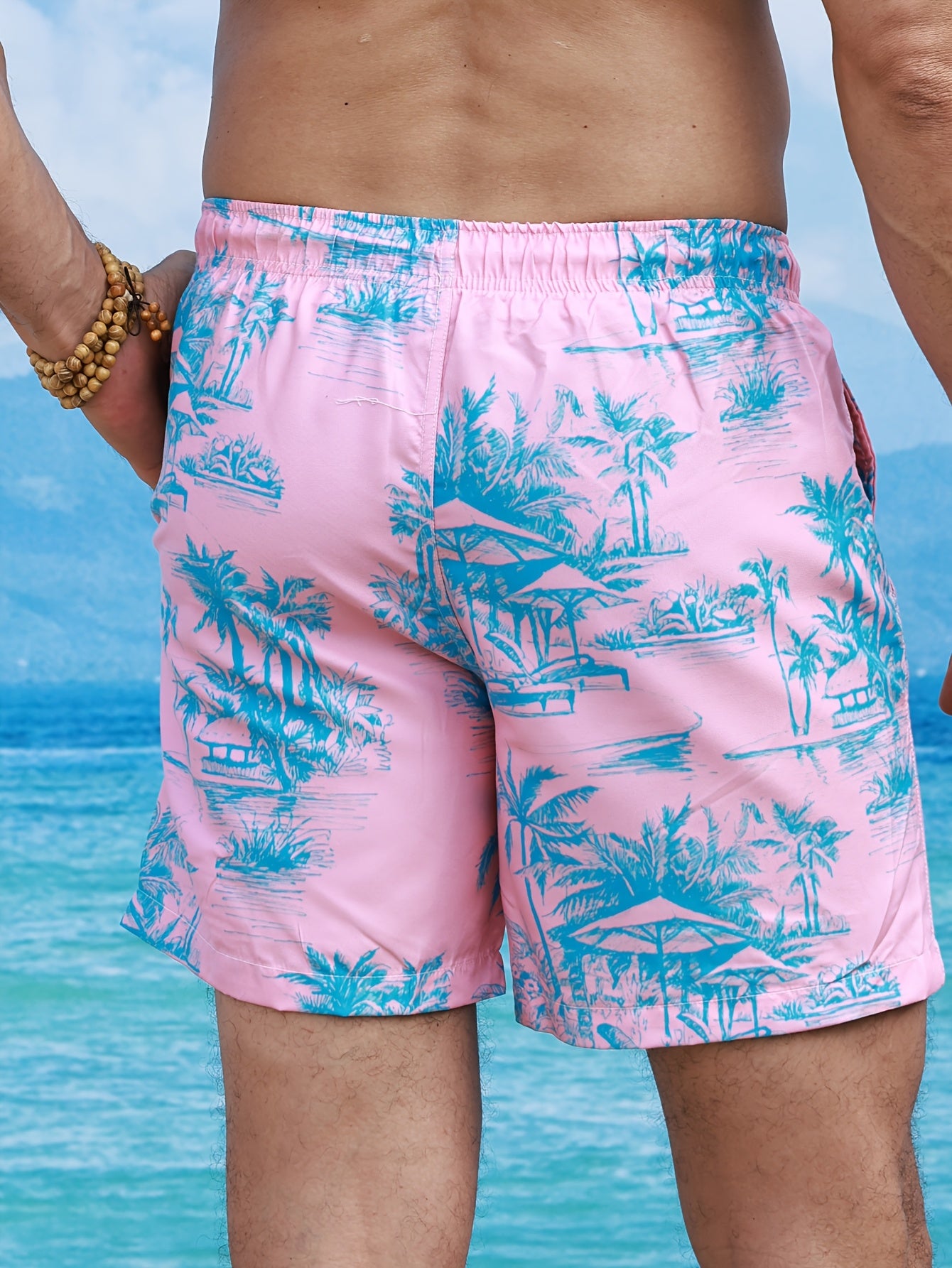 Men'S Pink Beach Shorts with Tropical Palm Print - Non-Stretch Polyester, Lightweight, Regular Fit, Pockets, Vacation Style, Beach Attire|Tropical Print Shorts|Lightweight Shorts