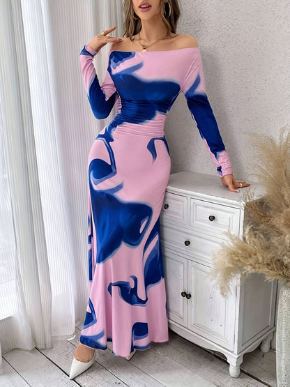 Elegant Off-Shoulder Camo Print Maxi Dress for Women - Chic Long Sleeve, Ruched Waist, Mermaid Silhouette, Polyester Blend, Perfect for Spring/Fall Events
