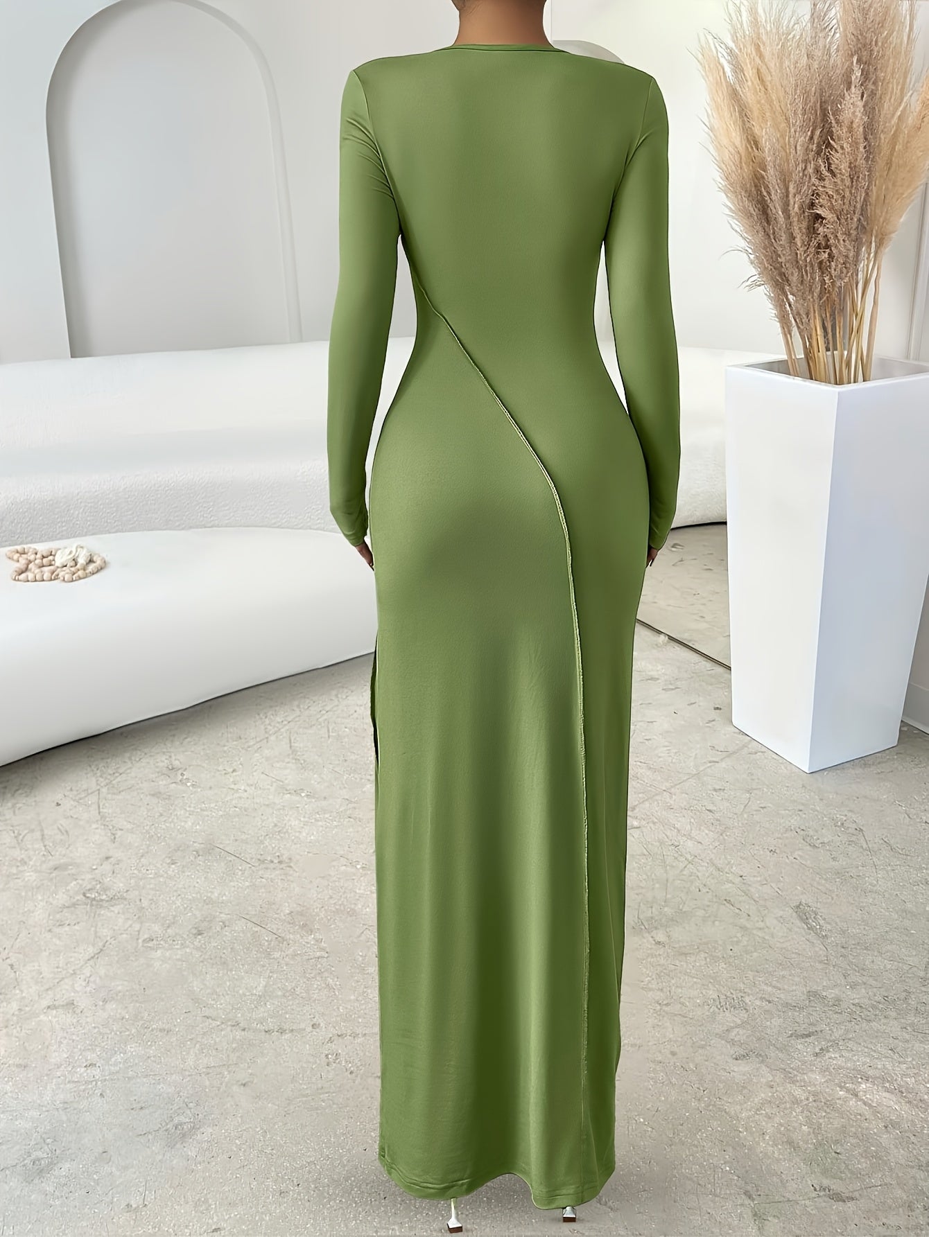 Elegant Green Long Sleeve Maxi Dress for Women - Slim Fit, Crew Neck with Zipper Detail, Stretch Polyester Fabric, Perfect for Fall, Machine Washable