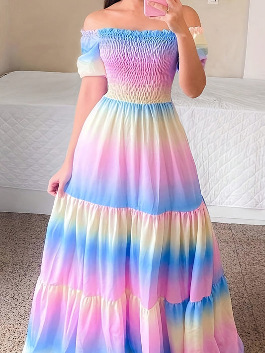 Elegant Off-Shoulder Gradient Color Maxi Dress - Flowy Ruffle Trim, High-Low Hem, Lightweight Polyester, Perfect for Summer & Vacation Style, Casual Summer Dresses