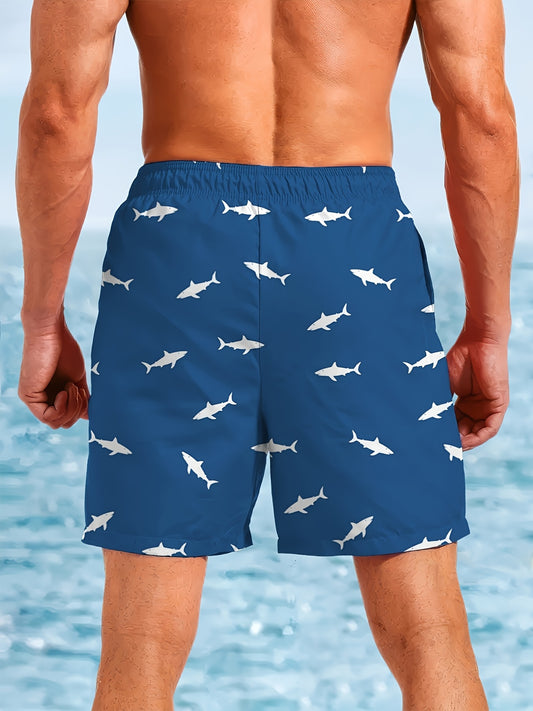 Men'S Beach Shorts Featuring a Group of Adorable Little Sharks in a High-Definition 3D Print, Quick-Drying Swim Trunks with Drawstring, Perfect for Summer Outdoor Activities, Beach Vacations, Swimming, And Surfing.
