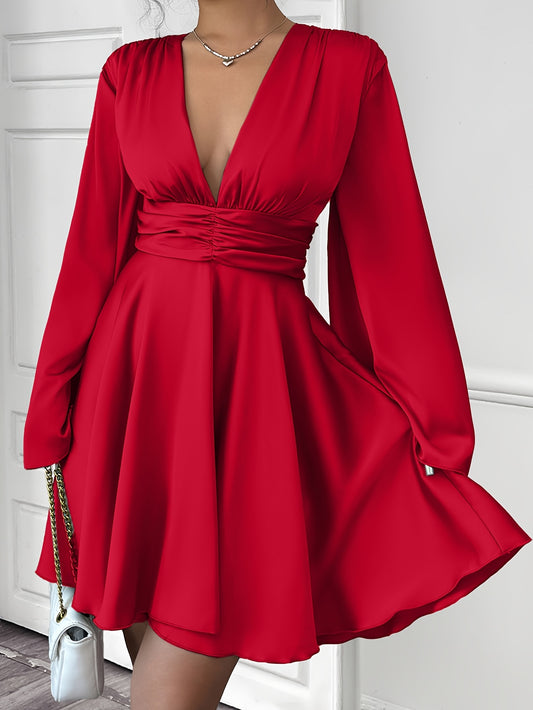 Women'S Elegant V-Neck Long Sleeve Pleated Mini Dress - Red, Ruched Bust, Deep Neckline, Fall Fashion, Casual to Formal Wear, Casual Dressing | Pleated Mini Dress | Ruched Detailing, Fall Dresses