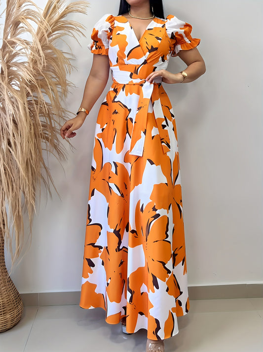 Women'S Casual V-Neck Printed Maxi Dress, Polyester 100% Woven Fabric, 120g/m², Spring/Summer/Fall A-Line Swing Dress with Belt Detail