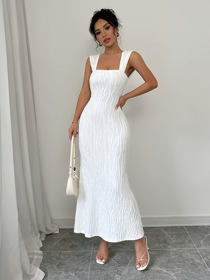 Elegant White Fishtail Hem Maxi Dress - Sleeveless Bodycon with Square Neckline & Backless Design, Stretchy Polyester Blend for Women, Perfect for Spring/Summer