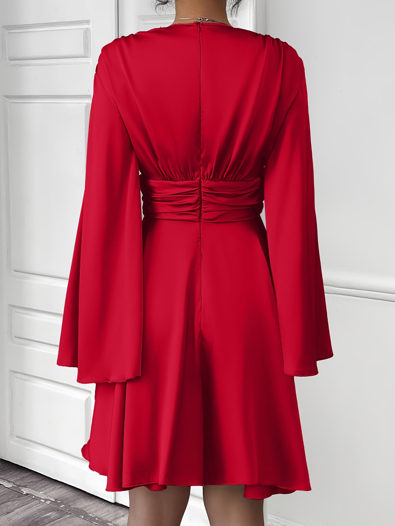 Women'S Elegant V-Neck Long Sleeve Pleated Mini Dress - Red, Ruched Bust, Deep Neckline, Fall Fashion, Casual to Formal Wear, Casual Dressing | Pleated Mini Dress | Ruched Detailing, Fall Dresses