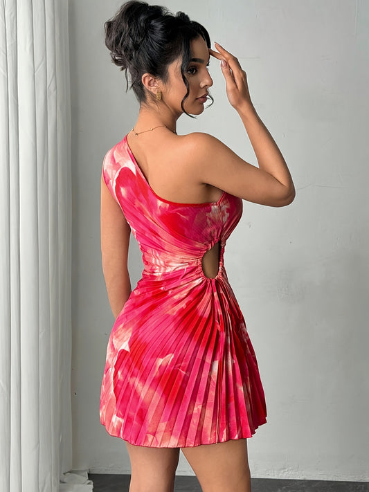 Elegant One-Shoulder Mini Dress for Women | Vibrant Tie-Dye Polyester | High Elasticity, Asymmetrical Design | Machine Washable | Perfect for Vacation & Date Nights, Special Event Wear | Flowing Drape Style | Smooth Glossy Te