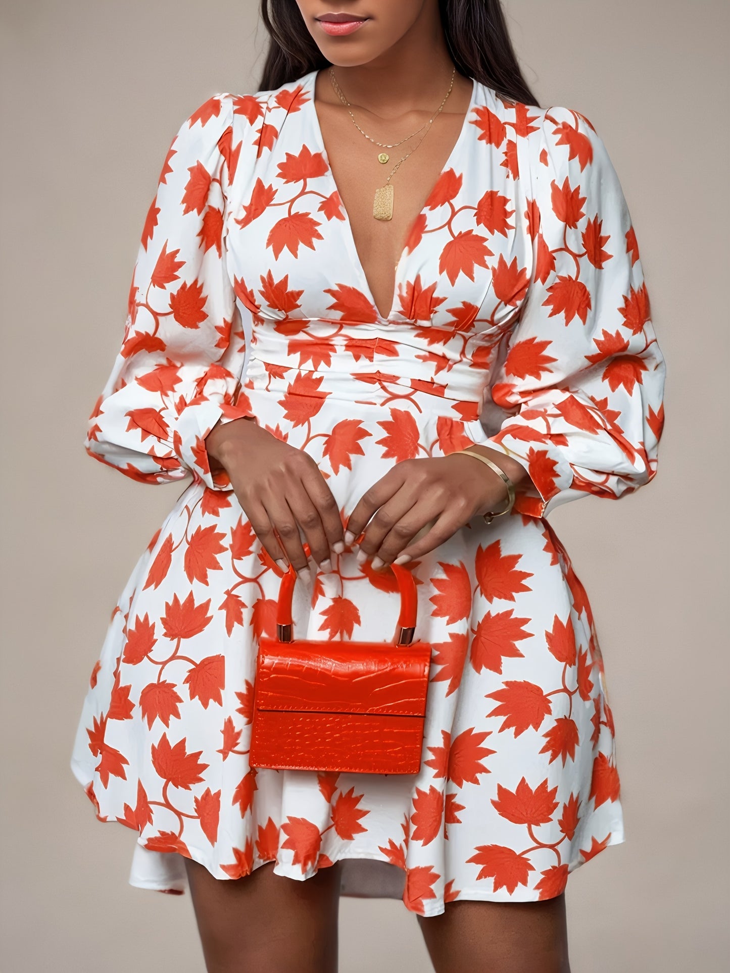 Sweet and Stylish Dress Deep V-Neck Floral Print Mini A-Line Women's Summer Long Sleeve Outfit