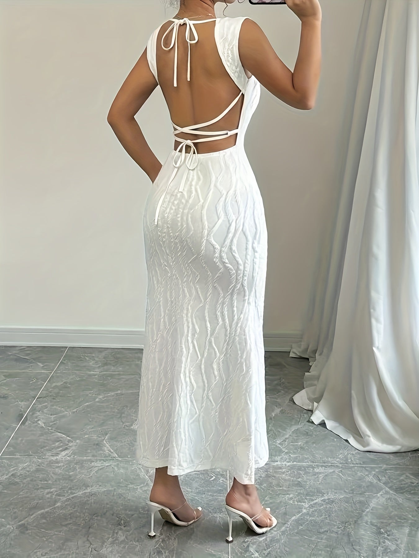 Elegant White Fishtail Hem Maxi Dress - Sleeveless Bodycon with Square Neckline & Backless Design, Stretchy Polyester Blend for Women, Perfect for Spring/Summer
