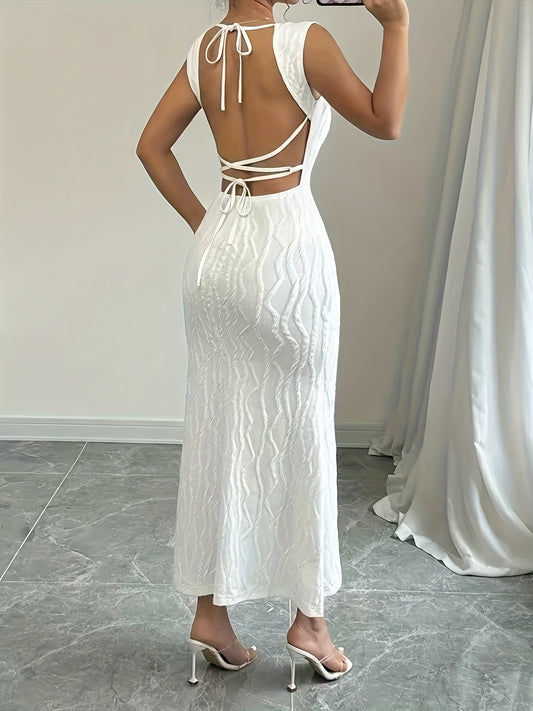 Elegant White Fishtail Hem Maxi Dress - Sleeveless Bodycon with Square Neckline & Backless Design, Stretchy Polyester Blend for Women, Perfect for Spring/Summer