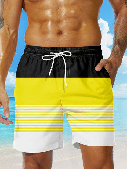 Men'S Fashion Drawstring Beach Shorts with Pockets - Casual Striped & Solid Color Block Design, Non-Stretch Fabric, Perfect for Pool Parties & Vacation