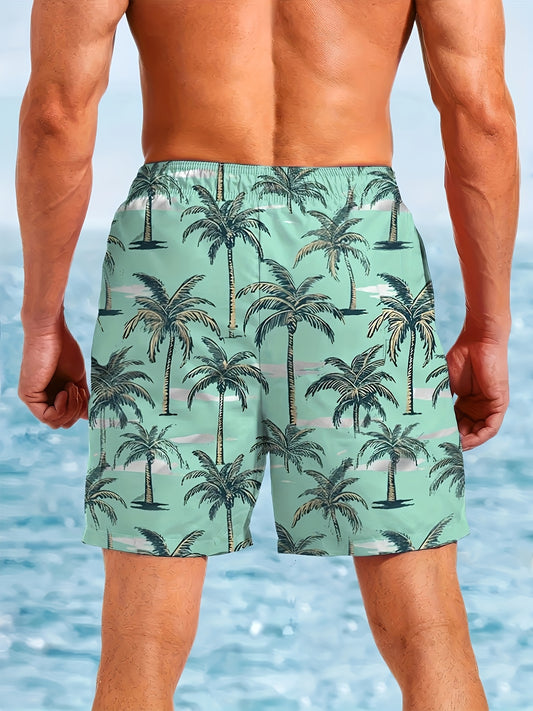 Men's Hawaiian Beach Shorts with 3D Palm Tree Print - Quick-Dry 100% Polyester Swim Trunks, Adjustable Drawstring Waist for Surfing, Swimming & Summer Vacations, Beachwear Shorts | Relaxed Fit Shorts | Smooth Texture Shorts,