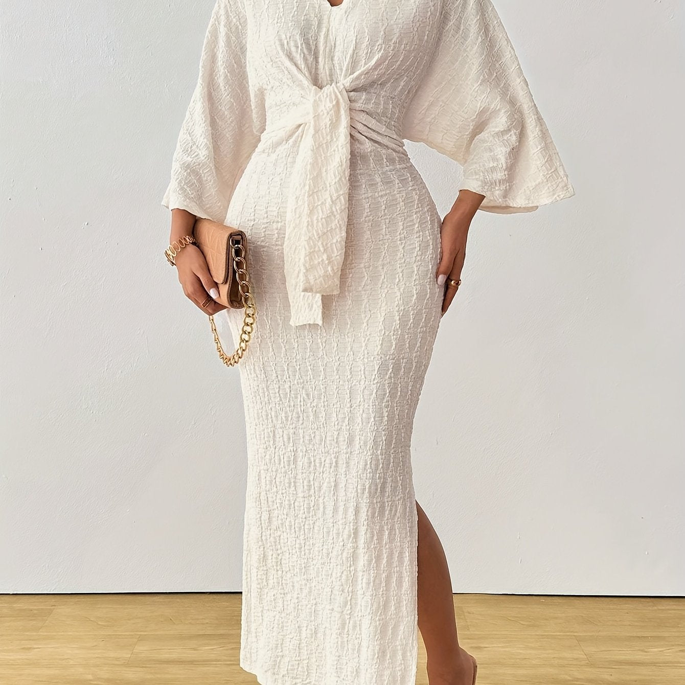 Elegant White V-Neck Long Sleeve Maxi Dress with Tie Front & Side Slit - Casual Women’s Dress for Spring/Summer/Fall, Machine Washable