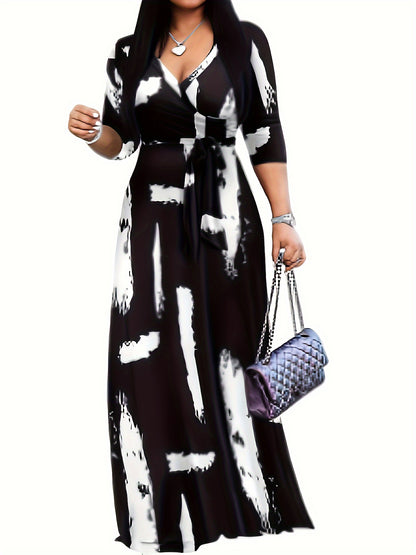 Elegant V-Neck Women's Maxi Dress with Belt - Mid-Sleeve, Printed Design, Machine Washable - Perfect for Spring & Summer