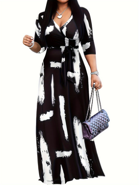 Elegant V-Neck Women's Maxi Dress with Belt - Mid-Sleeve, Printed Design, Machine Washable - Perfect for Spring & Summer