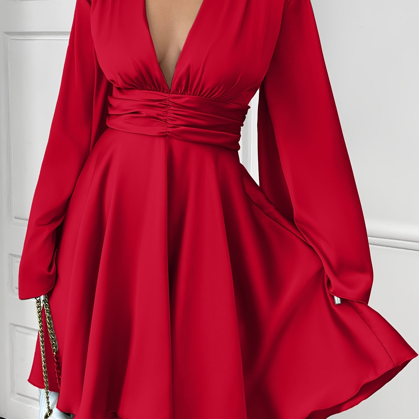 Women'S Elegant V-Neck Long Sleeve Pleated Mini Dress - Red, Ruched Bust, Deep Neckline, Fall Fashion, Casual to Formal Wear, Casual Dressing | Pleated Mini Dress | Ruched Detailing, Fall Dresses