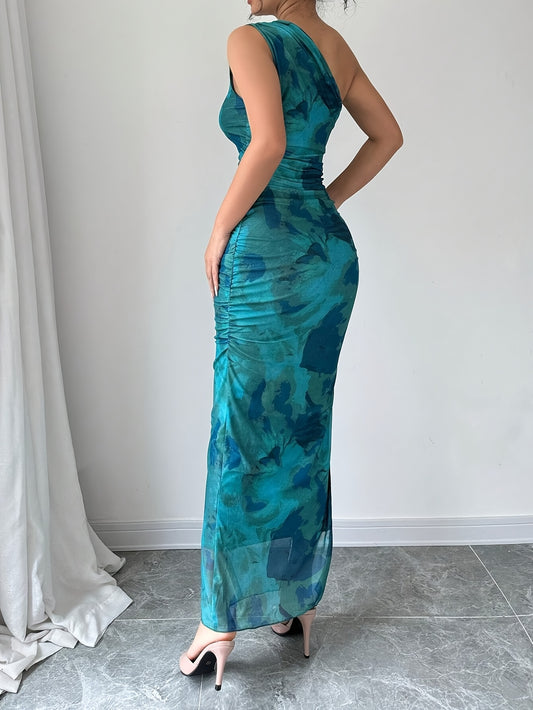 Elegant One-Shoulder Floral Print Sleeveless Maxi Dress with Side Slit - Teal Blue, Ruched Detail, High Stretch Polyester for Summer Formality, Floral Print Dress