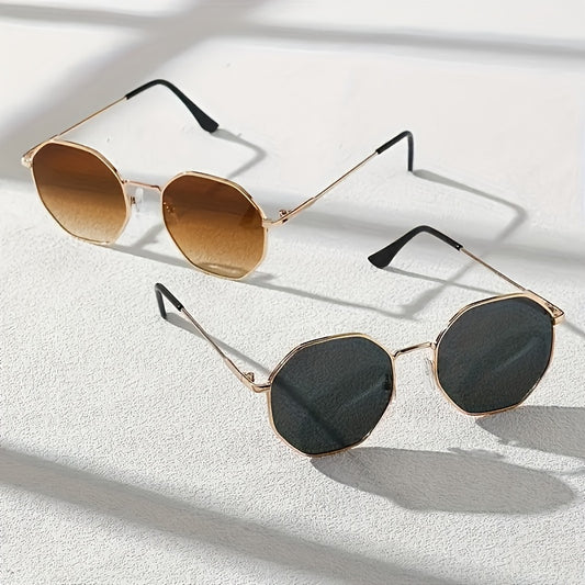 2pcs of Metal Polygon Round Frame Women'S Fashion Classic Black, Tea Two-In-One Set Stylish Outfit Decorative Glasses