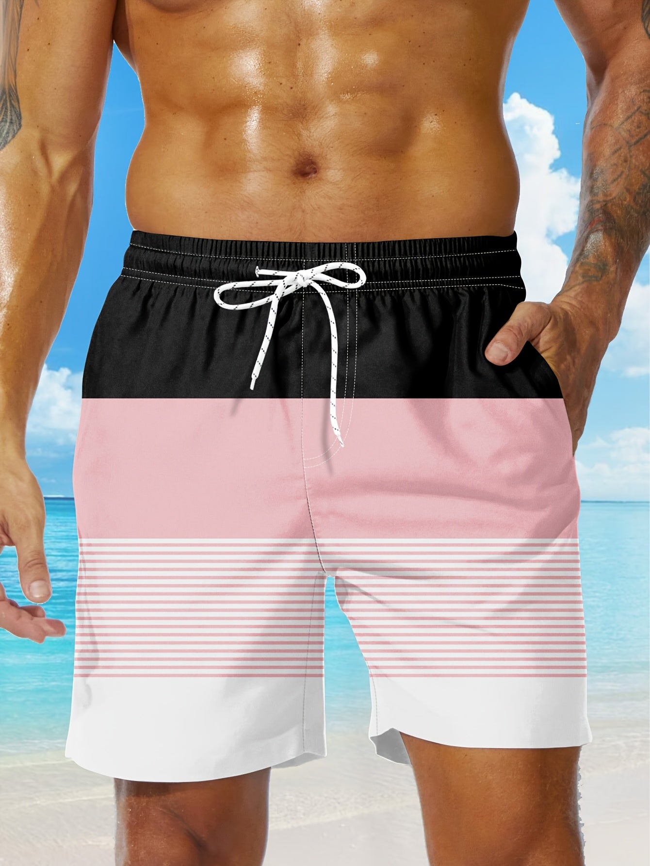 Men'S Fashion Drawstring Beach Shorts with Pockets - Casual Striped & Solid Color Block Design, Non-Stretch Fabric, Perfect for Pool Parties & Vacation