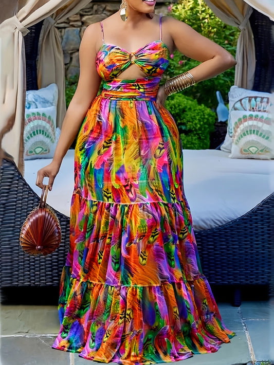 Stunning Plus Size Slip Dress - Women's Plus Size Dresses with Allover Print, Casual Cut Out Design, Maxi Style, Perfect for Spring & Summer, Comfortable and Chic Clothing