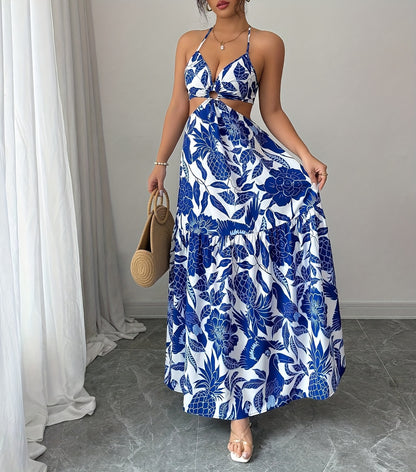 Women's Floral Print Sleeveless Maxi Dress - Blue & White Tropical Design, V-Neck with Front Cutout, A-Line Silhouette, Perfect for Beach, Seaside, and Party Wear, Beach Fashion | Flowy Skirt, Beach Dress