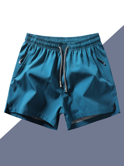 Men's Quick-Dry Athletic Shorts - Lightweight, Loose Fit with Zipper Pockets, Drawstring Waist, Solid Black Polyester Blend, Ideal for Beach & Casual Wear