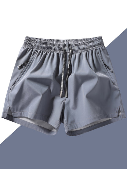Men's Quick-Dry Athletic Shorts - Lightweight, Loose Fit with Zipper Pockets, Drawstring Waist, Solid Black Polyester Blend, Ideal for Beach & Casual Wear