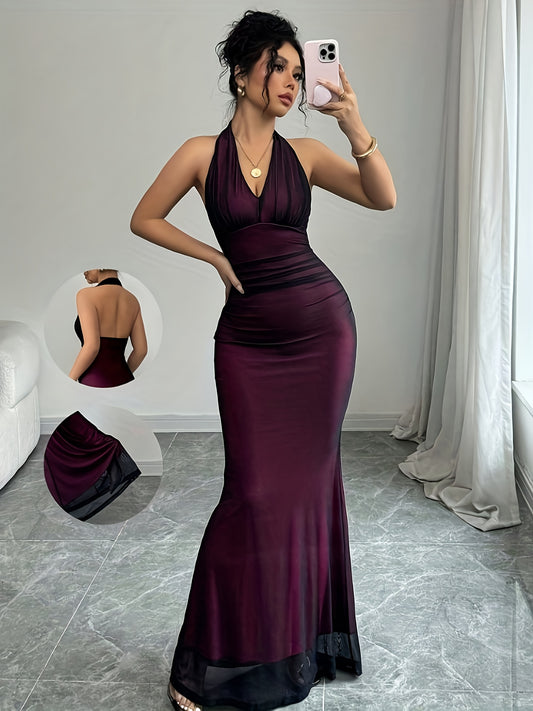Elegant Deep Purple Bodycon Maxi Dress for Women - Sleeveless Halter Neck, Ruched Backless Design, Machine Washable, Perfect for Spring & Summer Formal Events, Sophisticated Tailoring