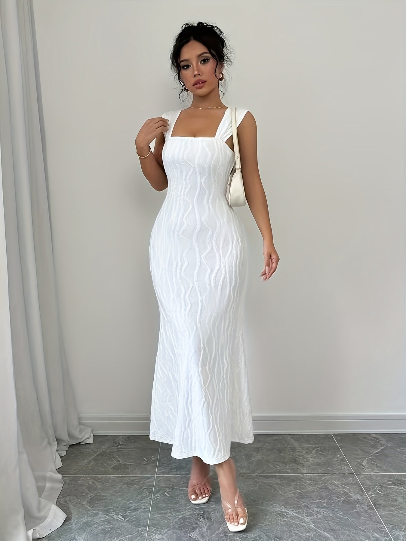 Elegant White Fishtail Hem Maxi Dress - Sleeveless Bodycon with Square Neckline & Backless Design, Stretchy Polyester Blend for Women, Perfect for Spring/Summer