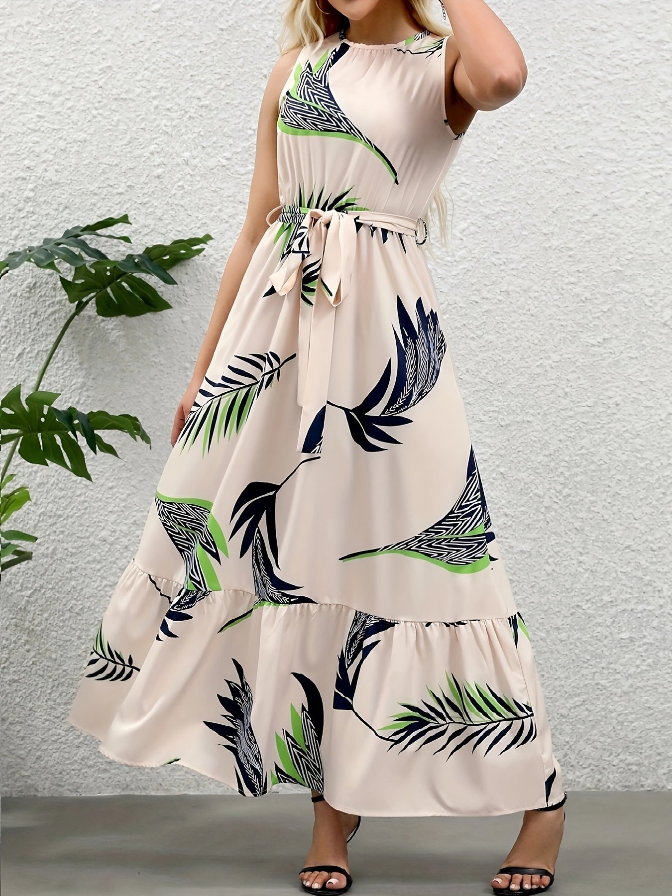 Tropical Plant Print Polyester Women's Elegant Sleeveless Maxi Dress with Belt - Round Neck, Spring/Summer 2025 Collection