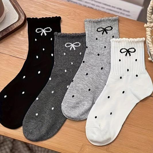 4 Pairs Bow & Polka Dot Print Socks, Cute Japanese Style Ruffle Mid Tube Socks For Fall & Winter, Women's Stockings & Hosiery